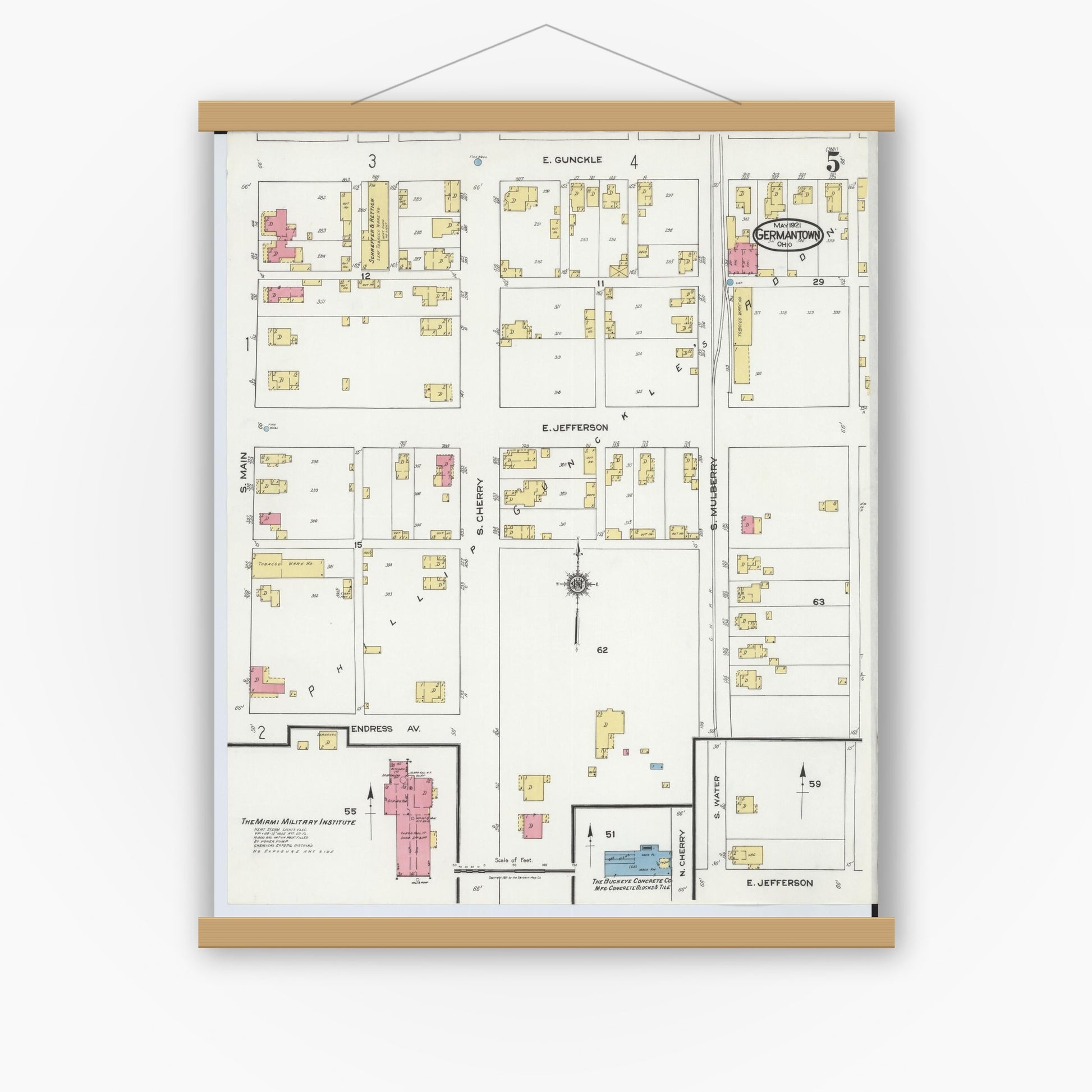 Old map wall art mockup — magnetic wood frame on white wall — Sanborn Fire Insurance Map from Germantown, Montgomery County, Ohio (1921), Sheet #0005