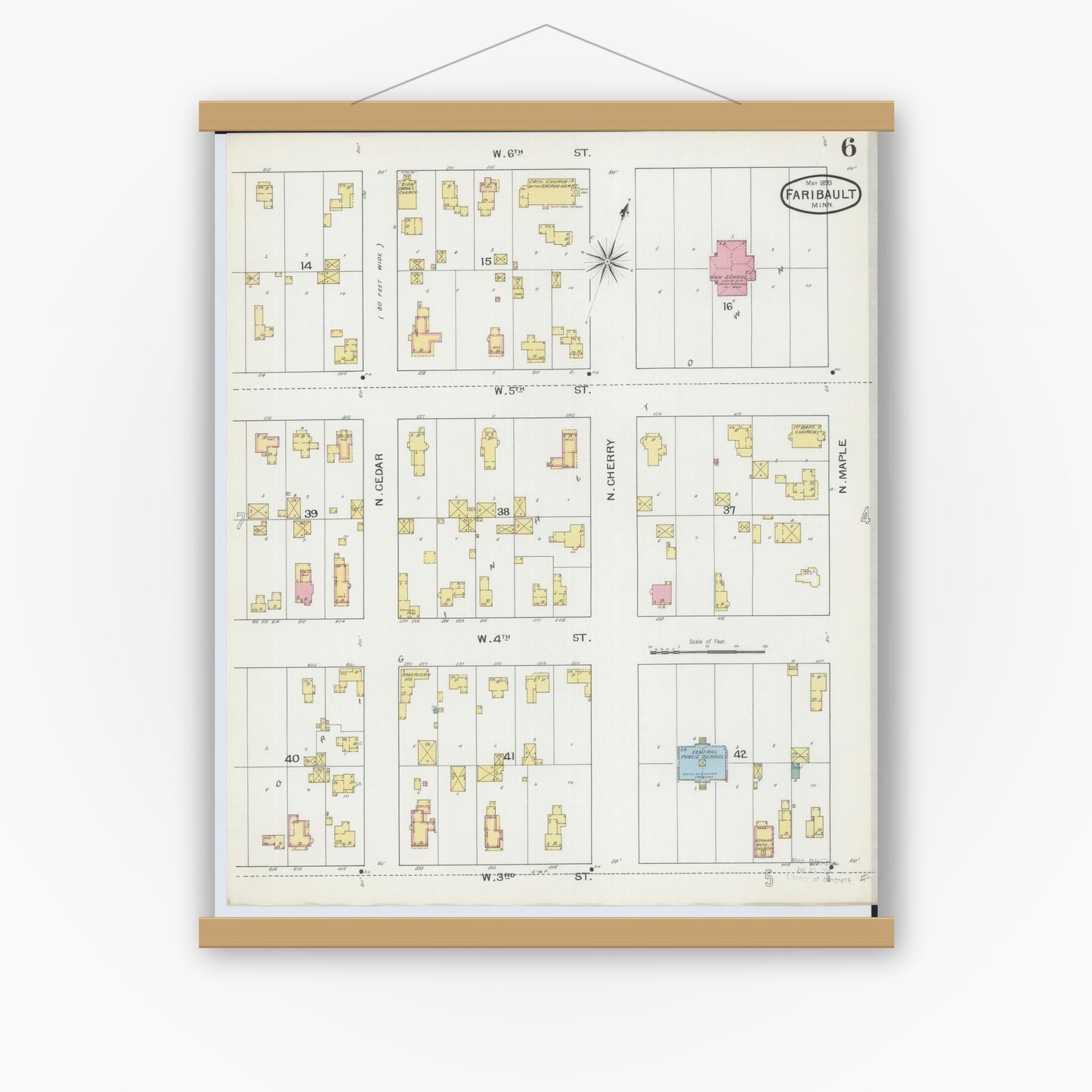 Old map wall art mockup — magnetic wood frame on white wall — Sanborn Fire Insurance Map from Faribault, Rice County, Minnesota (1893), Sheet #0006