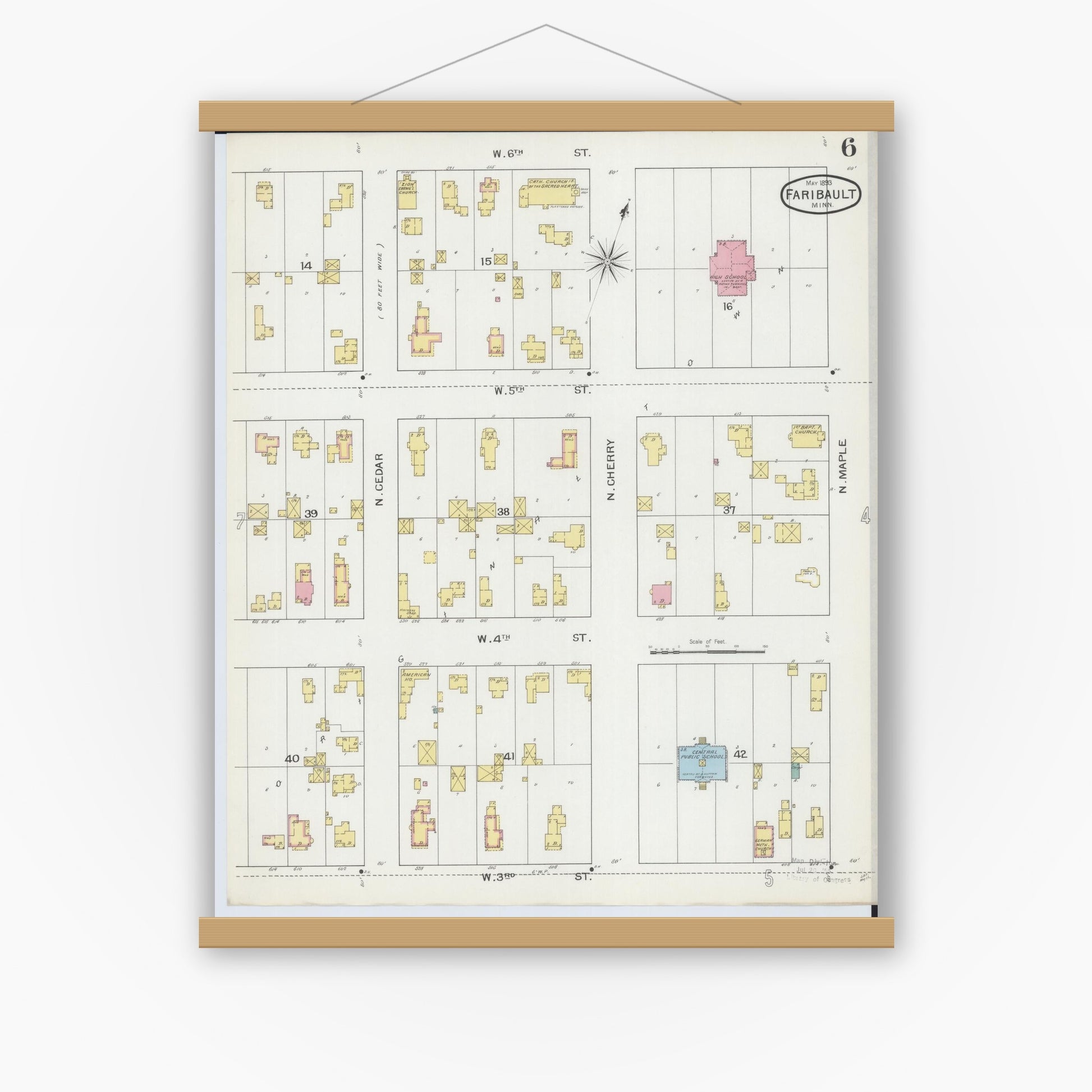 Old map wall art mockup — magnetic wood frame on white wall — Sanborn Fire Insurance Map from Faribault, Rice County, Minnesota (1893), Sheet #0006