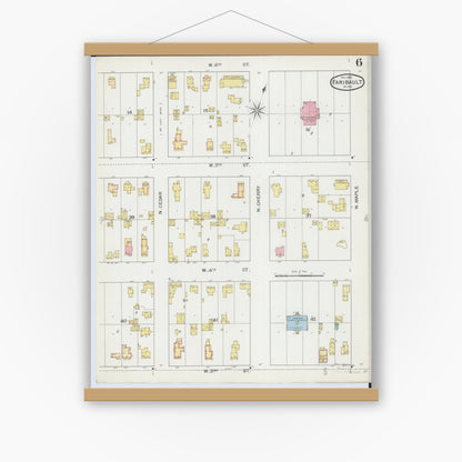 Old map wall art mockup — magnetic wood frame on white wall — Sanborn Fire Insurance Map from Faribault, Rice County, Minnesota (1893), Sheet #0006