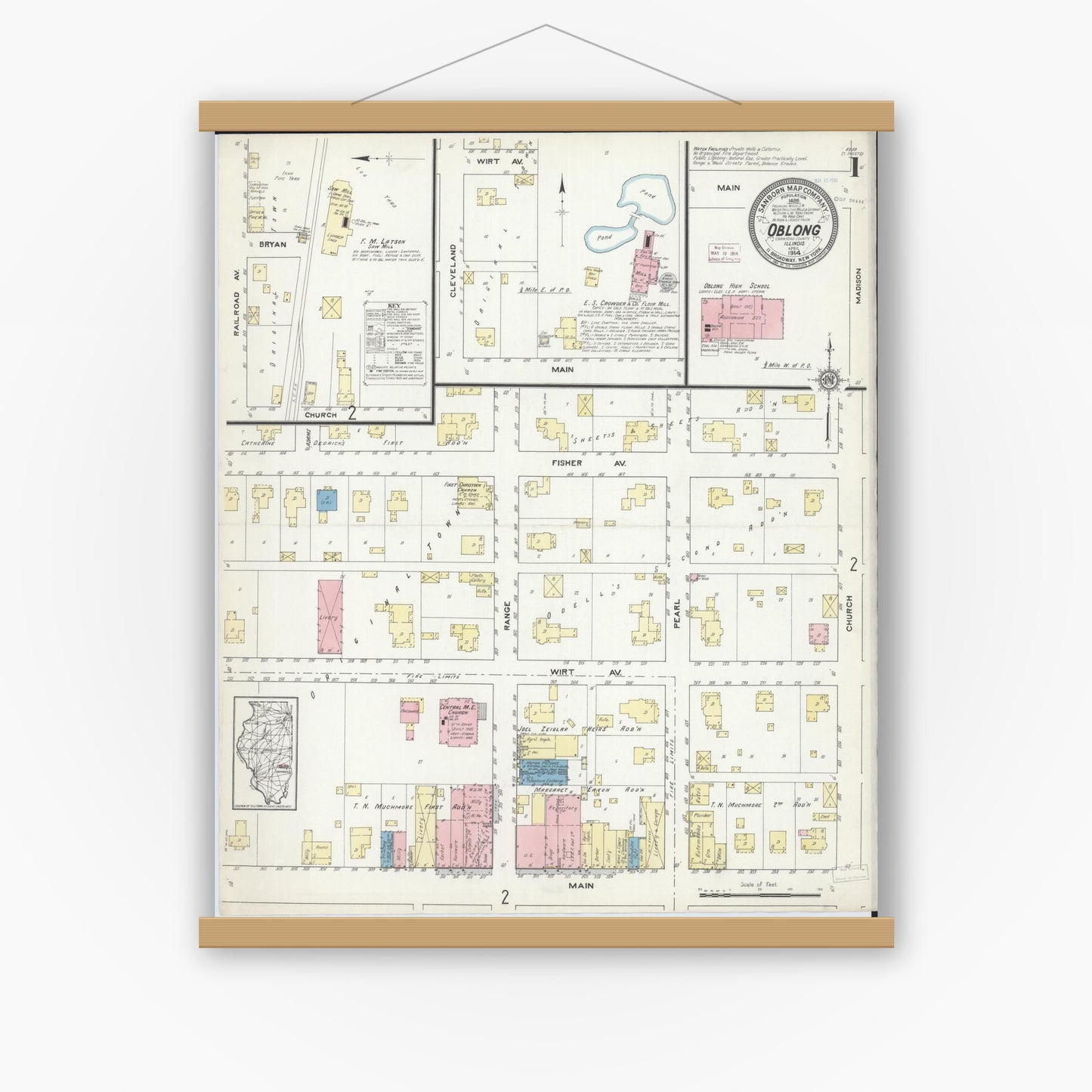 Old map wall art mockup — magnetic wood frame on white wall — Sanborn Fire Insurance Map from Oblong, Crawford County, Illinois (1914), Sheet #0001