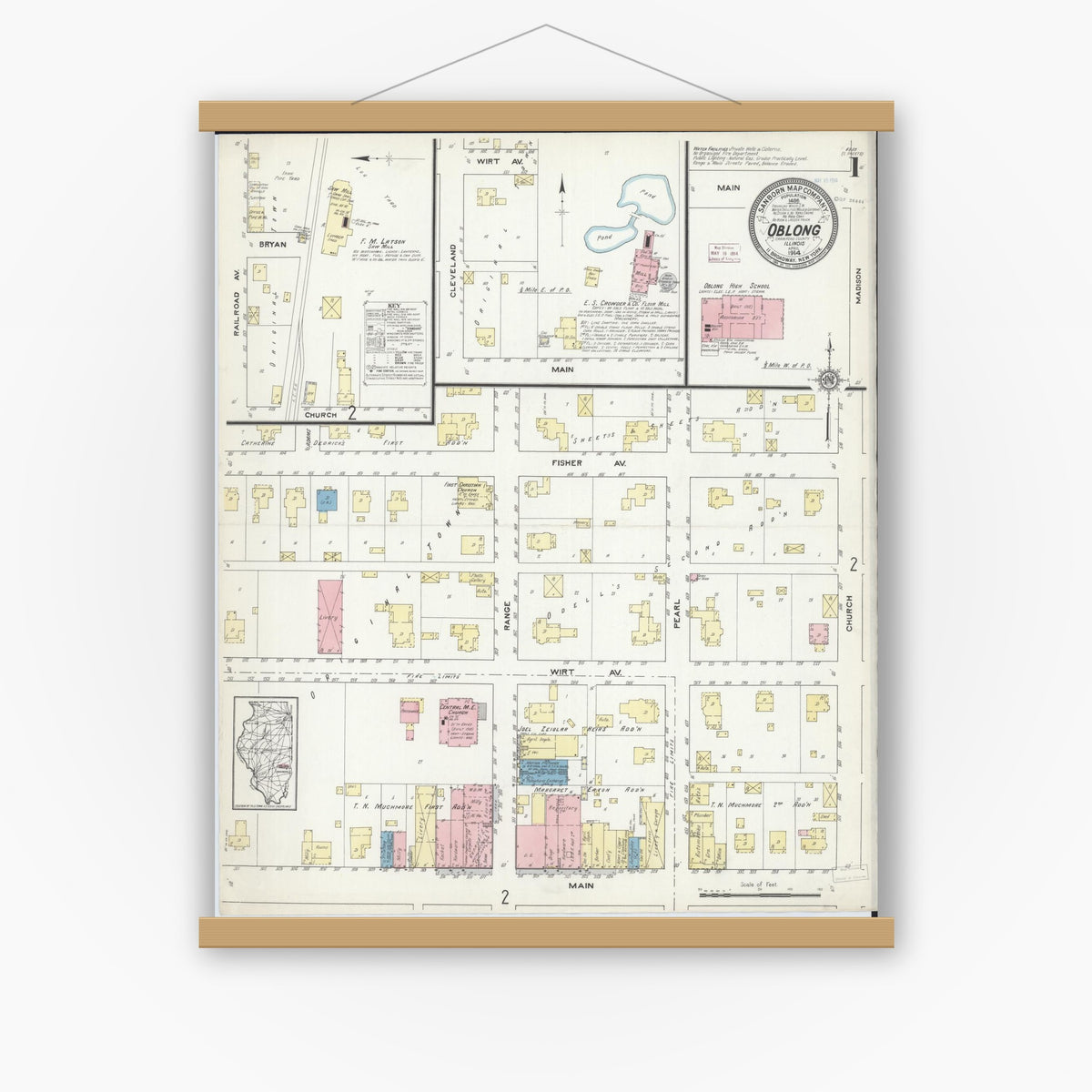 Old map wall art mockup — magnetic wood frame on white wall — Sanborn Fire Insurance Map from Oblong, Crawford County, Illinois (1914), Sheet #0001