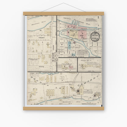 Old map wall art mockup — magnetic wood frame on white wall — Sanborn Fire Insurance Map from Traverse City, Grand Traverse County, Michigan (1884), Sheet #0001
