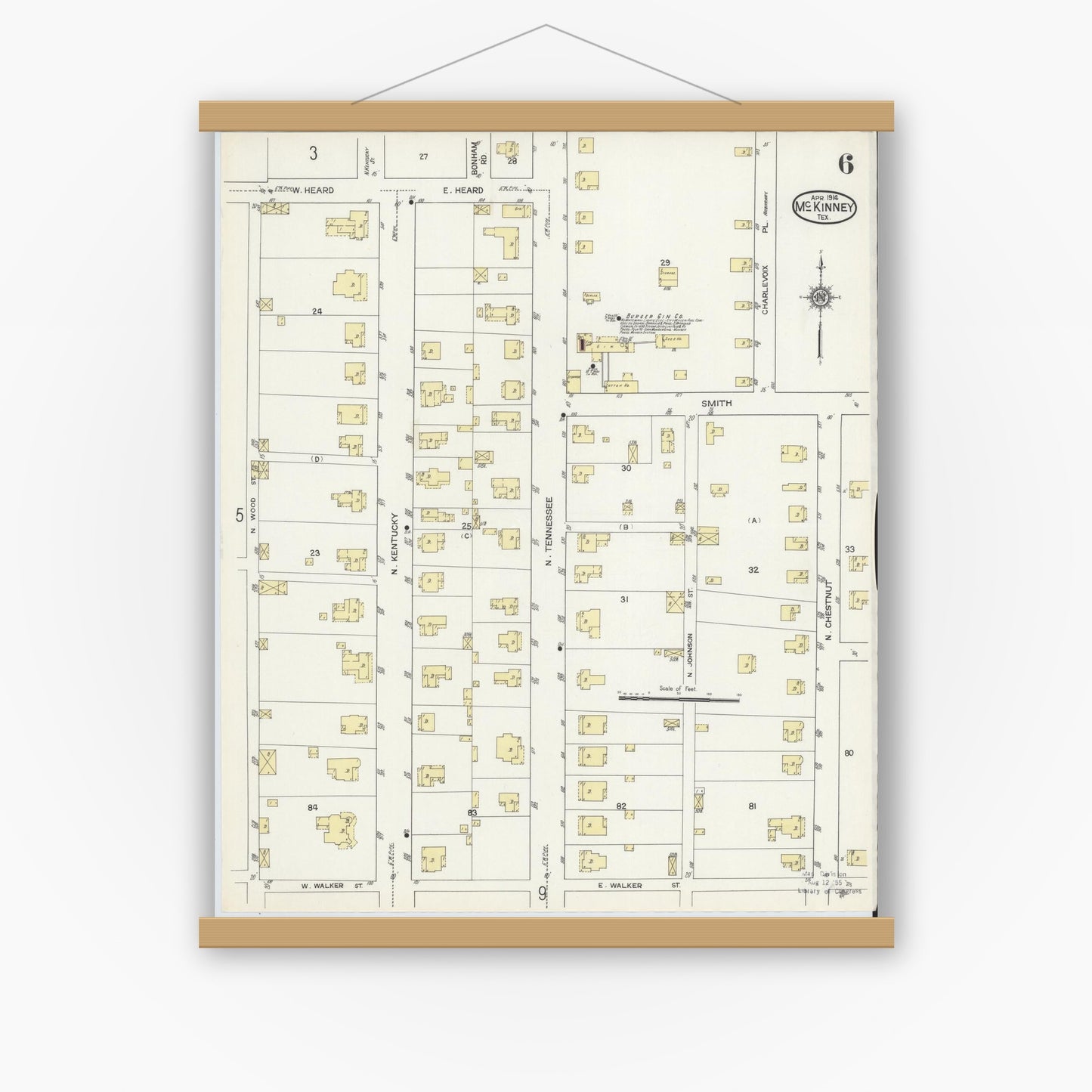 Old map wall art mockup — magnetic wood frame on white wall — Sanborn Fire Insurance Map from McKinney, Collin County, Texas (1914), Sheet #0006