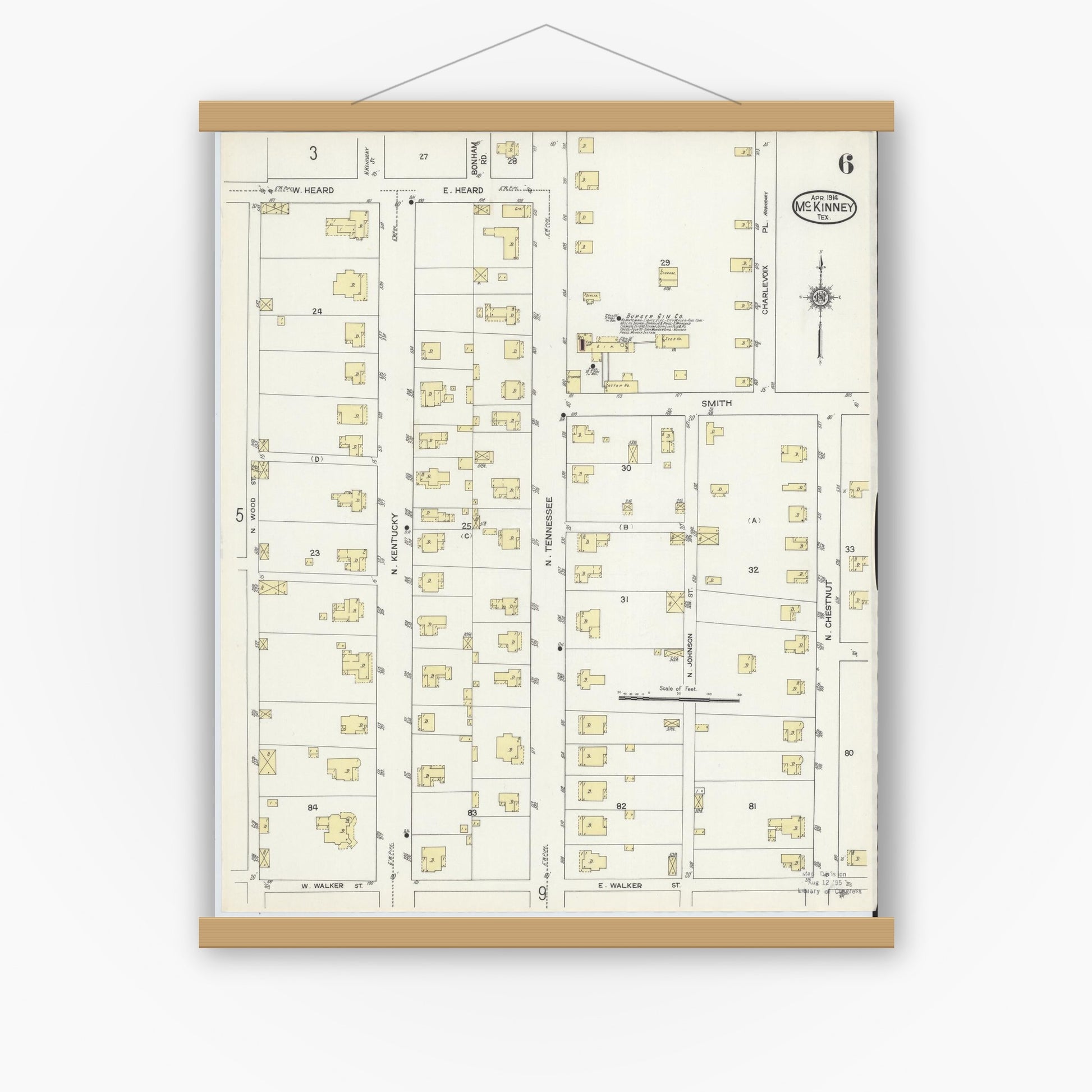 Old map wall art mockup — magnetic wood frame on white wall — Sanborn Fire Insurance Map from McKinney, Collin County, Texas (1914), Sheet #0006