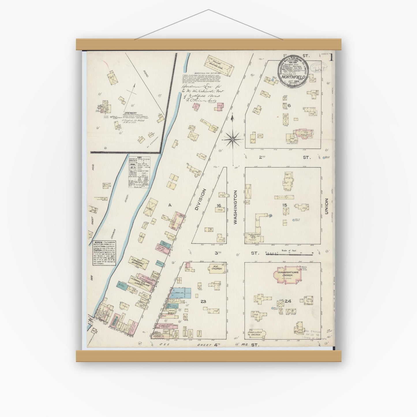 Old map wall art mockup — magnetic wood frame on white wall — Sanborn Fire Insurance Map from Northfield, Rice County, Minnesota (1884), Sheet #0001