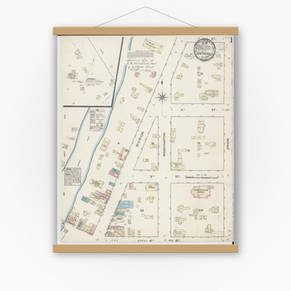 Old map wall art mockup — magnetic wood frame on white wall — Sanborn Fire Insurance Map from Northfield, Rice County, Minnesota (1884), Sheet #0001