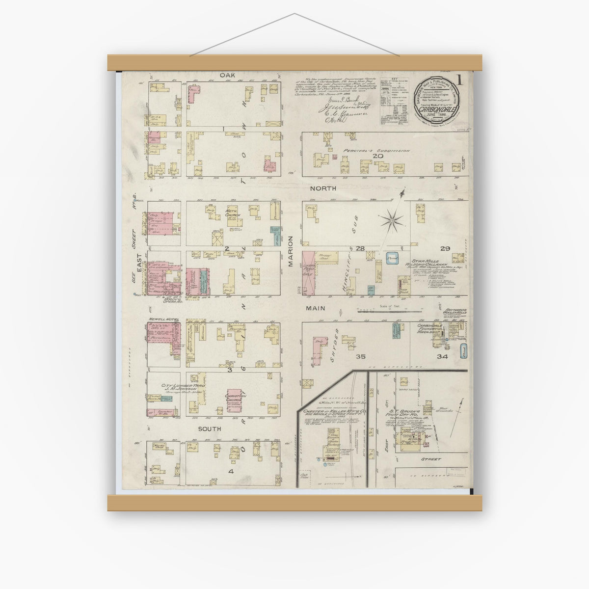 Old map wall art mockup — magnetic wood frame on white wall — Sanborn Fire Insurance Map from Carbondale, Jackson County, Illinois (1886) - Complete Map Set