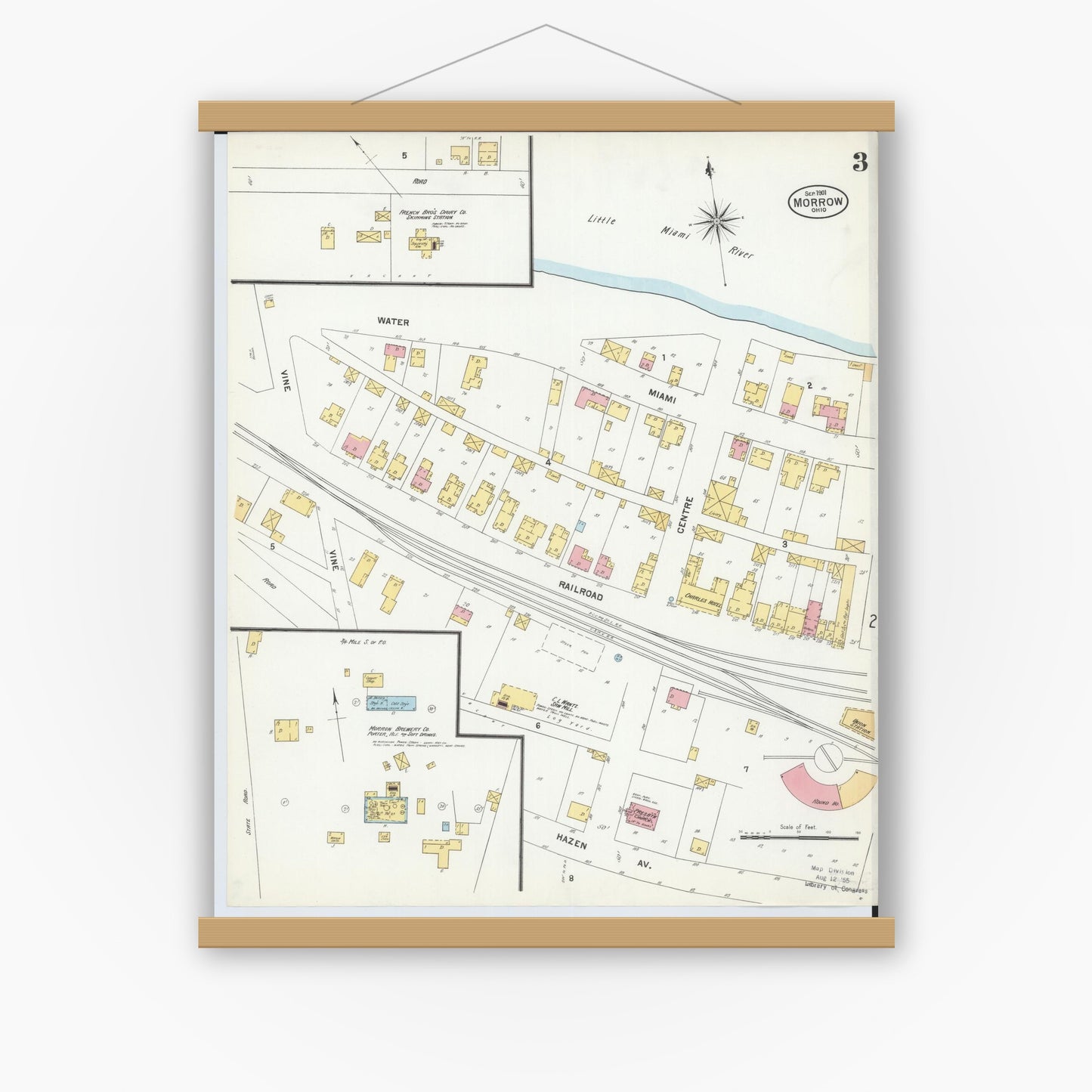 Old map wall art mockup — magnetic wood frame on white wall — Sanborn Fire Insurance Map from Morrow, Warren County, Ohio (1901), Sheet #0003