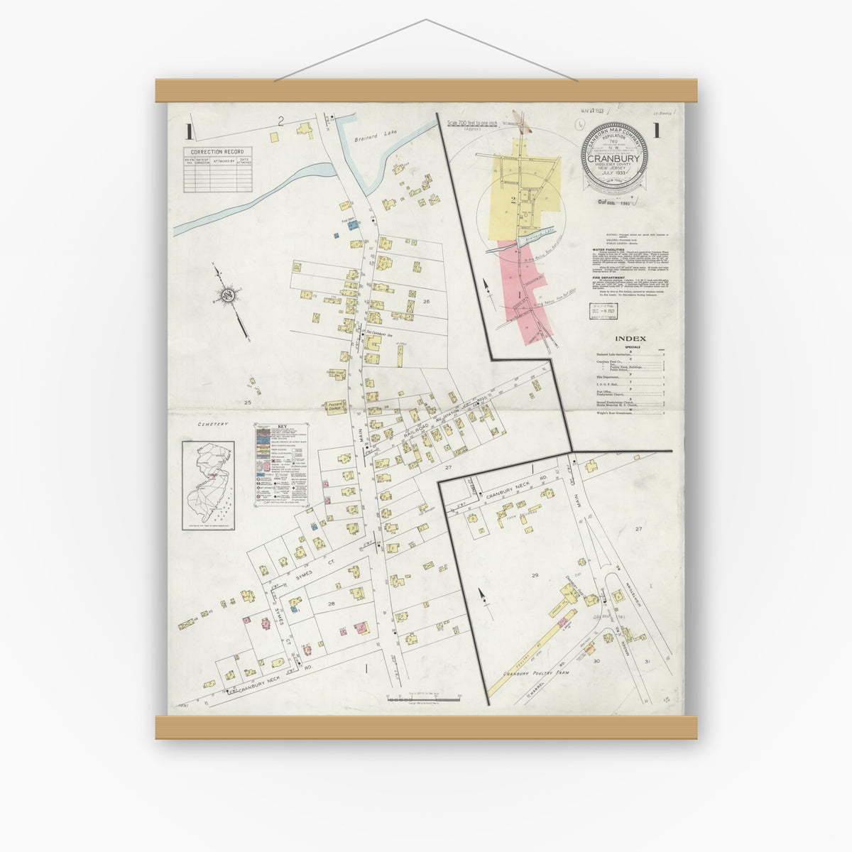 Old map wall art mockup — magnetic wood frame on white wall — Sanborn Fire Insurance Map from Cranbury, Middlesex County, New Jersey (1933) - Complete Map Set