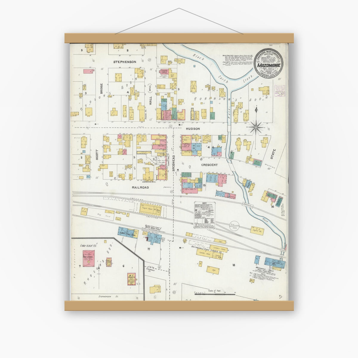 Old map wall art mockup — magnetic wood frame on white wall — Sanborn Fire Insurance Map from Mazomanie, Dane County, Wisconsin (1905), Sheet #0001