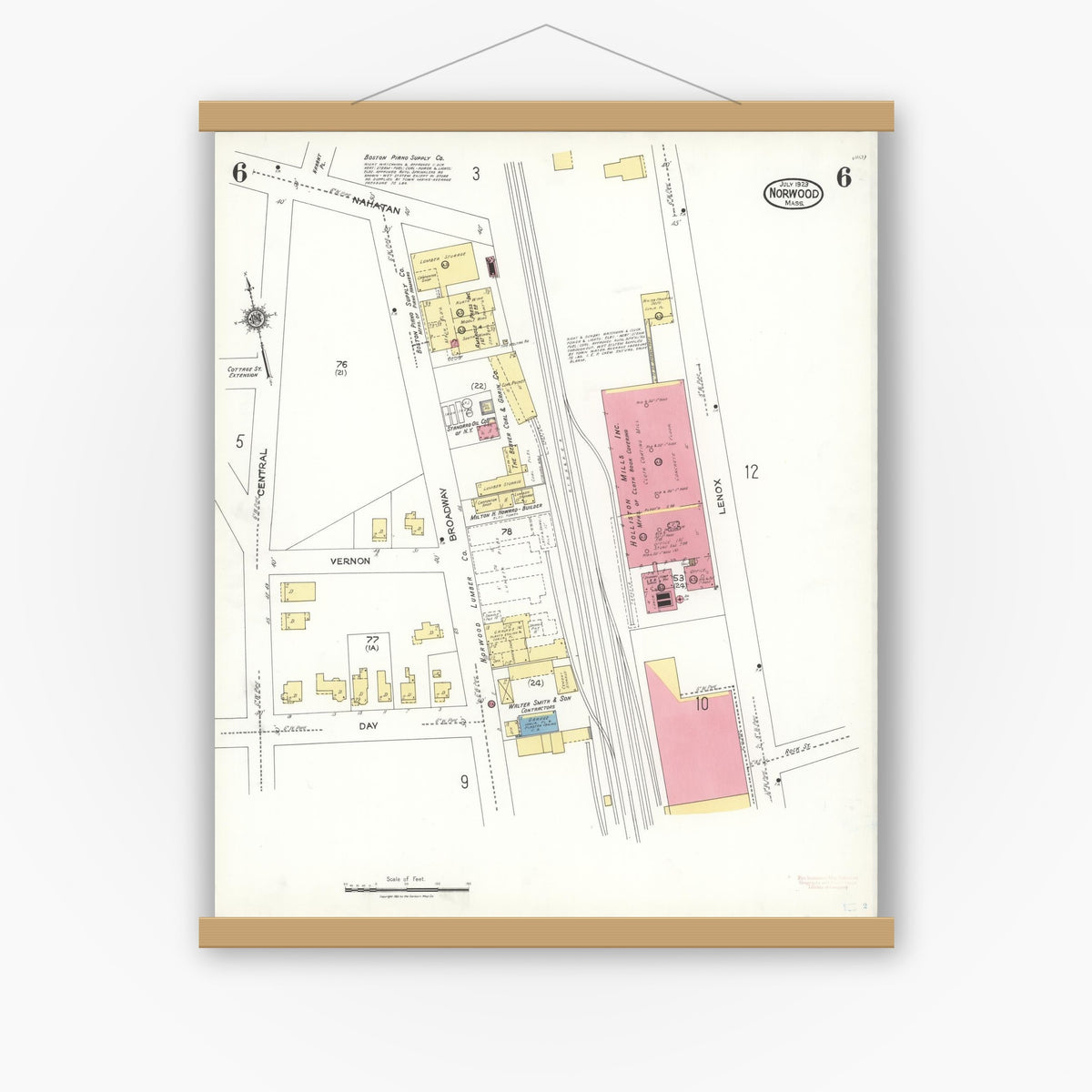 Old map wall art mockup — magnetic wood frame on white wall — Sanborn Fire Insurance Map from Norwood, Norfolk County, Massachusetts (1923), Sheet #0006