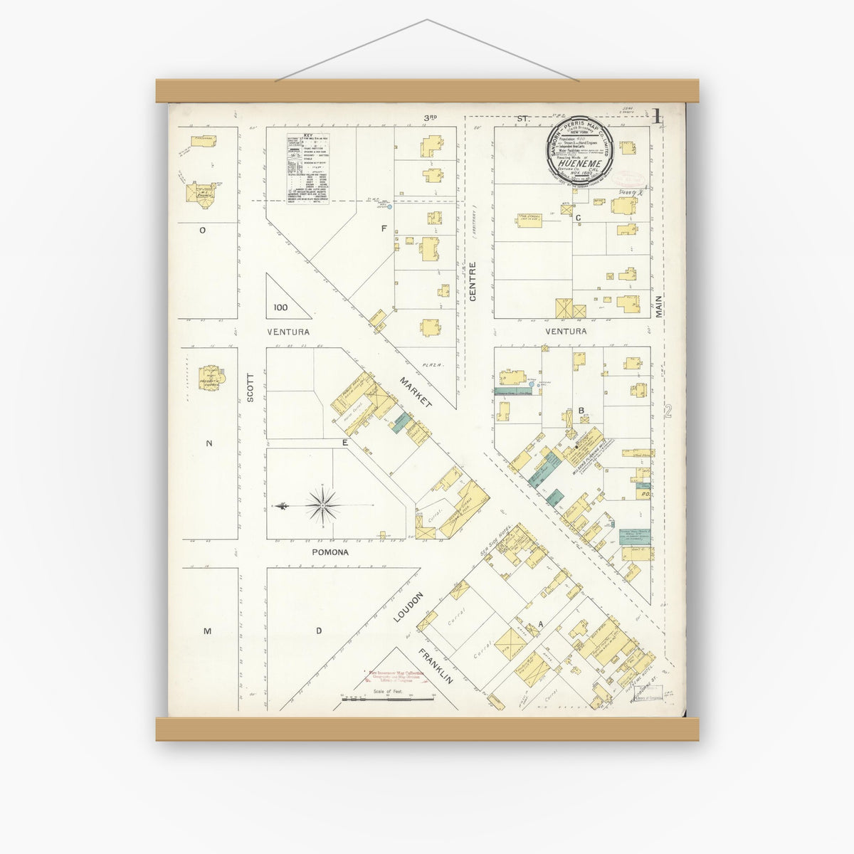Old map wall art mockup — magnetic wood frame on white wall — Sanborn Fire Insurance Map from Hueneme, Ventura County, California (1892) - Complete Map Set