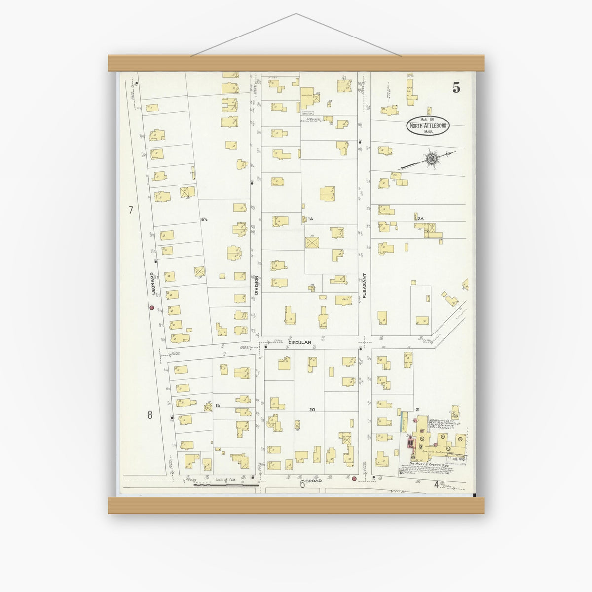 Old map wall art mockup — magnetic wood frame on white wall — Sanborn Fire Insurance Map from North Attleborough, Bristol County, Massachusetts (1911), Sheet #0005