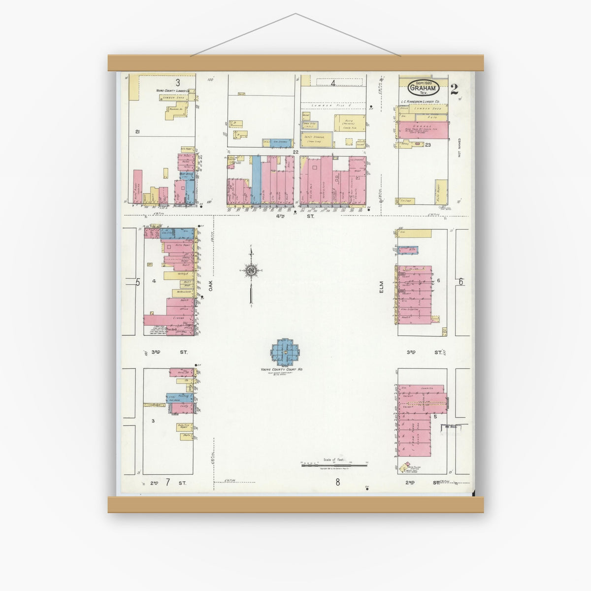 Old map wall art mockup — magnetic wood frame on white wall — Sanborn Fire Insurance Map from Graham, Young County, Texas (1920), Sheet #0002