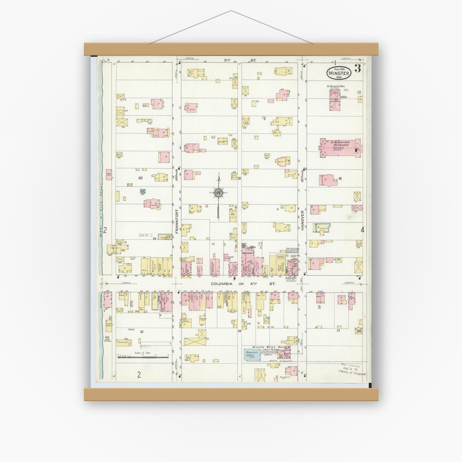 Old map wall art mockup — magnetic wood frame on white wall — Sanborn Fire Insurance Map from Minster, Auglaize County, Ohio (1914), Sheet #0003