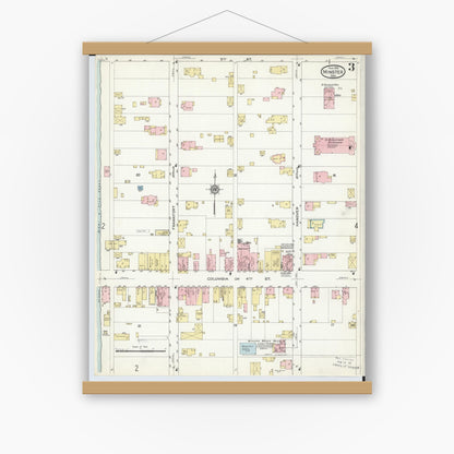 Old map wall art mockup — magnetic wood frame on white wall — Sanborn Fire Insurance Map from Minster, Auglaize County, Ohio (1914), Sheet #0003