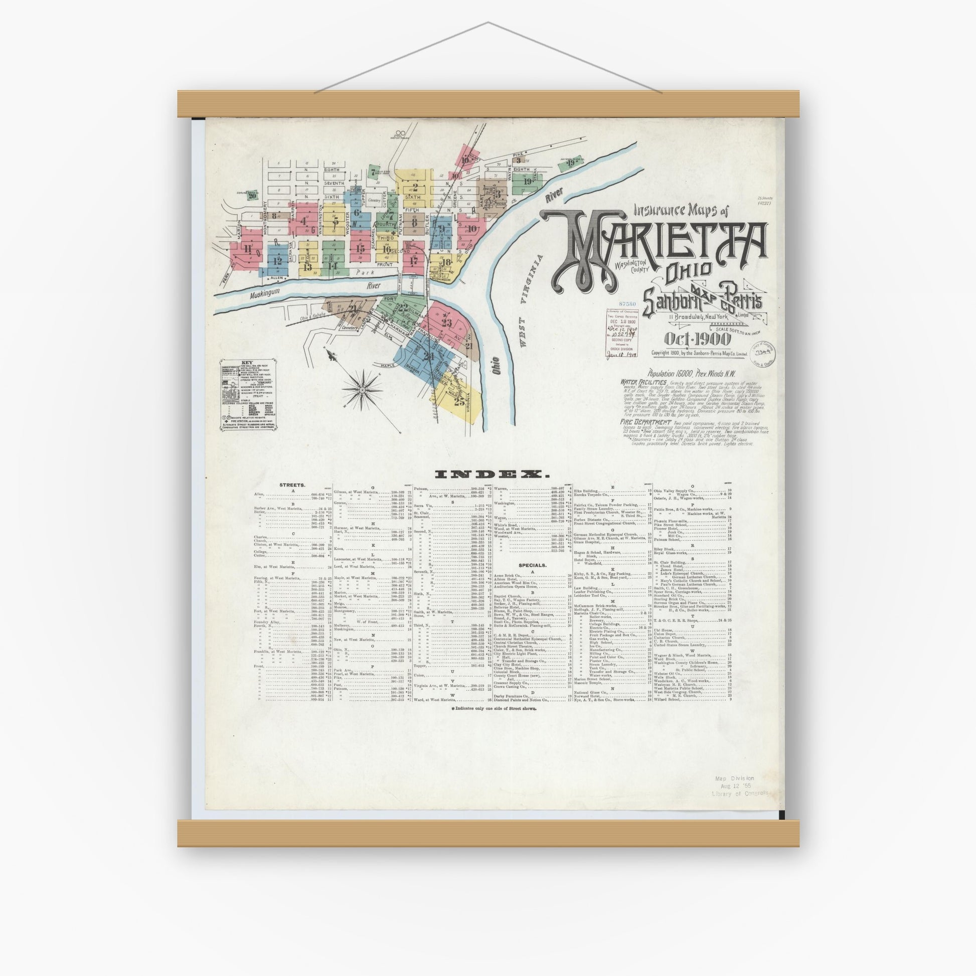 Old map wall art mockup — magnetic wood frame on white wall — Sanborn Fire Insurance Map from Marietta, Washington County, Ohio (1900), Sheet #0001