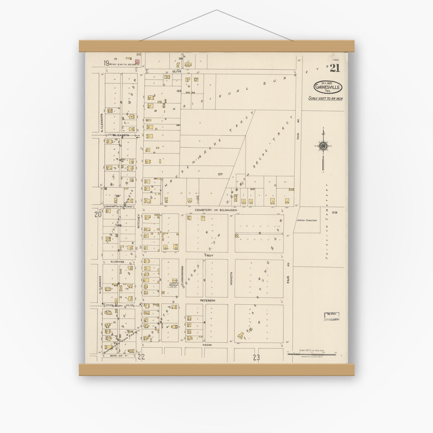 Old map wall art mockup — magnetic wood frame on white wall — Sanborn Fire Insurance Map from Gainesville, Cooke County, Texas (1922), Sheet #0021