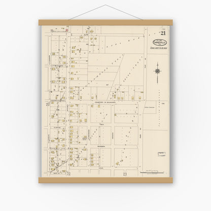 Old map wall art mockup — magnetic wood frame on white wall — Sanborn Fire Insurance Map from Gainesville, Cooke County, Texas (1922), Sheet #0021