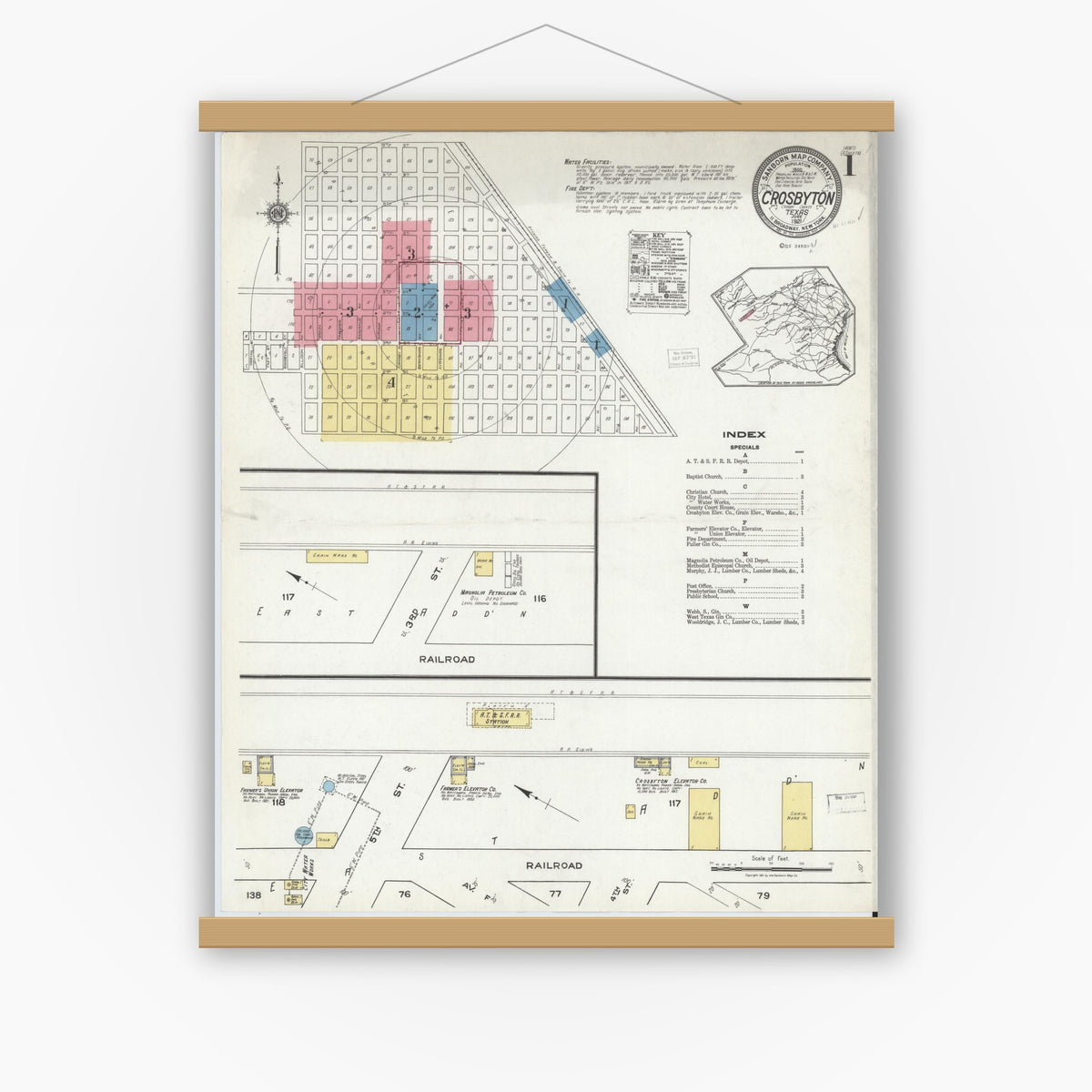 Old map wall art mockup — magnetic wood frame on white wall — Sanborn Fire Insurance Map from Crosbyton, Crosby County, Texas (1921) - Complete Map Set