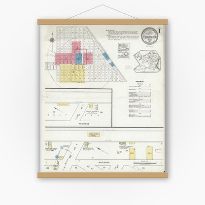 Old map wall art mockup — magnetic wood frame on white wall — Sanborn Fire Insurance Map from Crosbyton, Crosby County, Texas (1921) - Complete Map Set