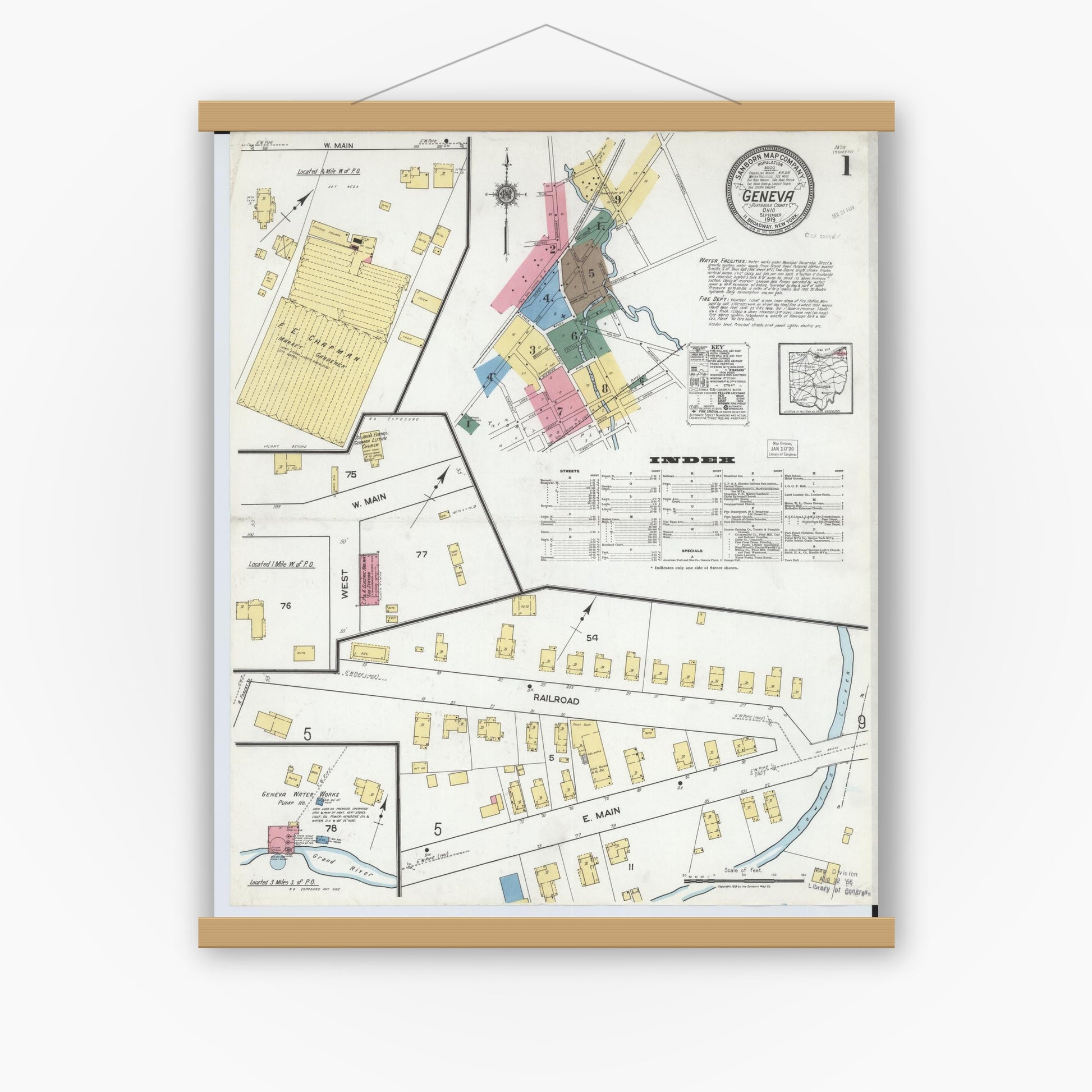 Old map wall art mockup — magnetic wood frame on white wall — Sanborn Fire Insurance Map from Geneva, Ashtabula County, Ohio (1919), Sheet #0001