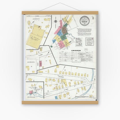Old map wall art mockup — magnetic wood frame on white wall — Sanborn Fire Insurance Map from Geneva, Ashtabula County, Ohio (1919), Sheet #0001