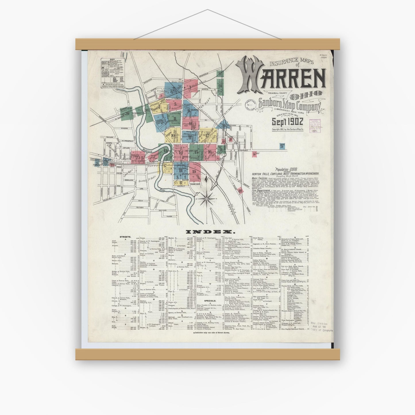 Old map wall art mockup — magnetic wood frame on white wall — Sanborn Fire Insurance Map from Warren, Trumbull County, Ohio (1902), Sheet #0001