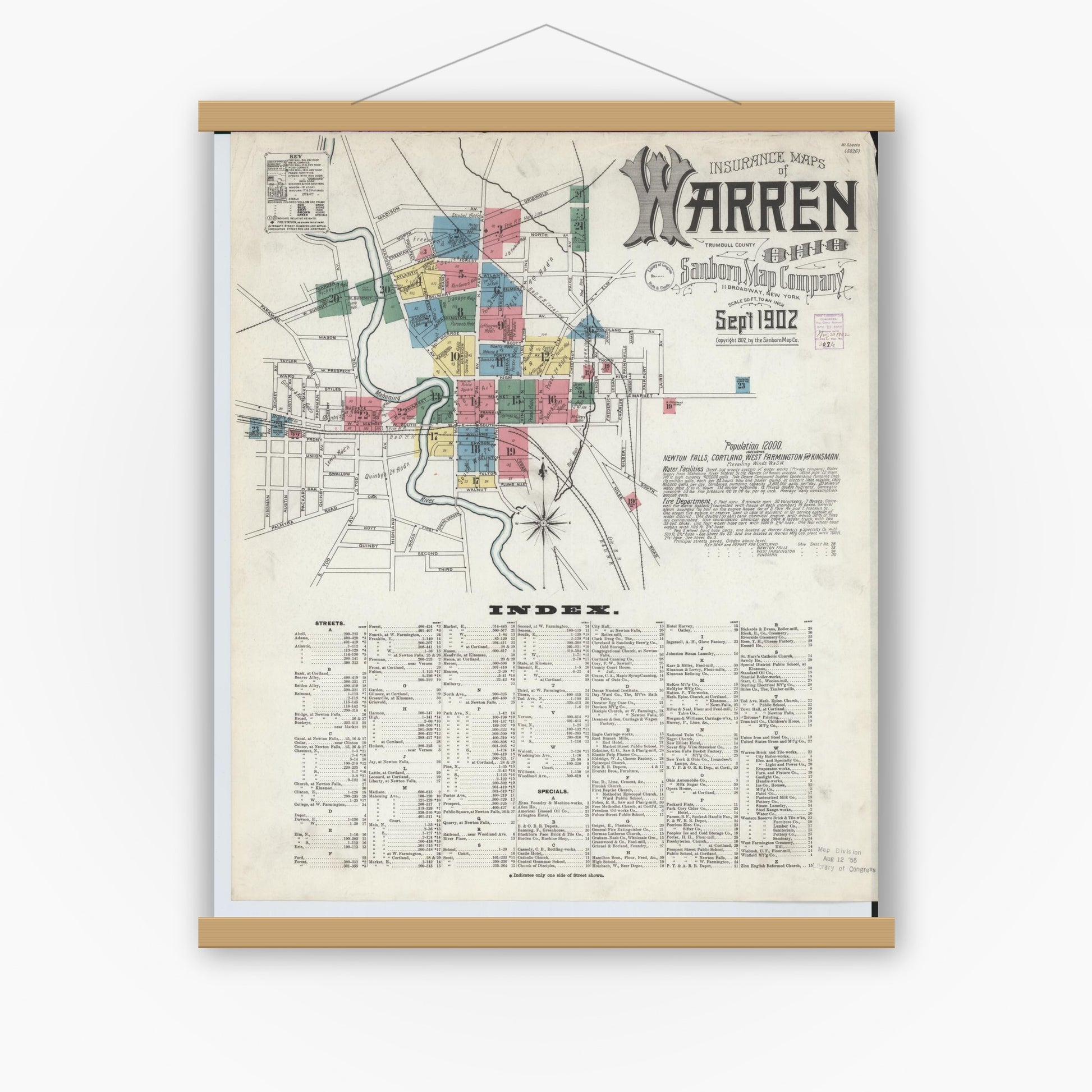Old map wall art mockup — magnetic wood frame on white wall — Sanborn Fire Insurance Map from Warren, Trumbull County, Ohio (1902), Sheet #0001