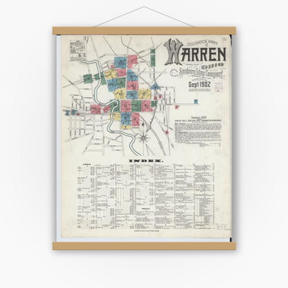 Old map wall art mockup — magnetic wood frame on white wall — Sanborn Fire Insurance Map from Warren, Trumbull County, Ohio (1902), Sheet #0001