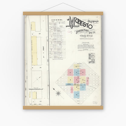 Old map wall art mockup — magnetic wood frame on white wall — Sanborn Fire Insurance Map from Modesto, Stanislaus County, California (1891) - Complete Map Set