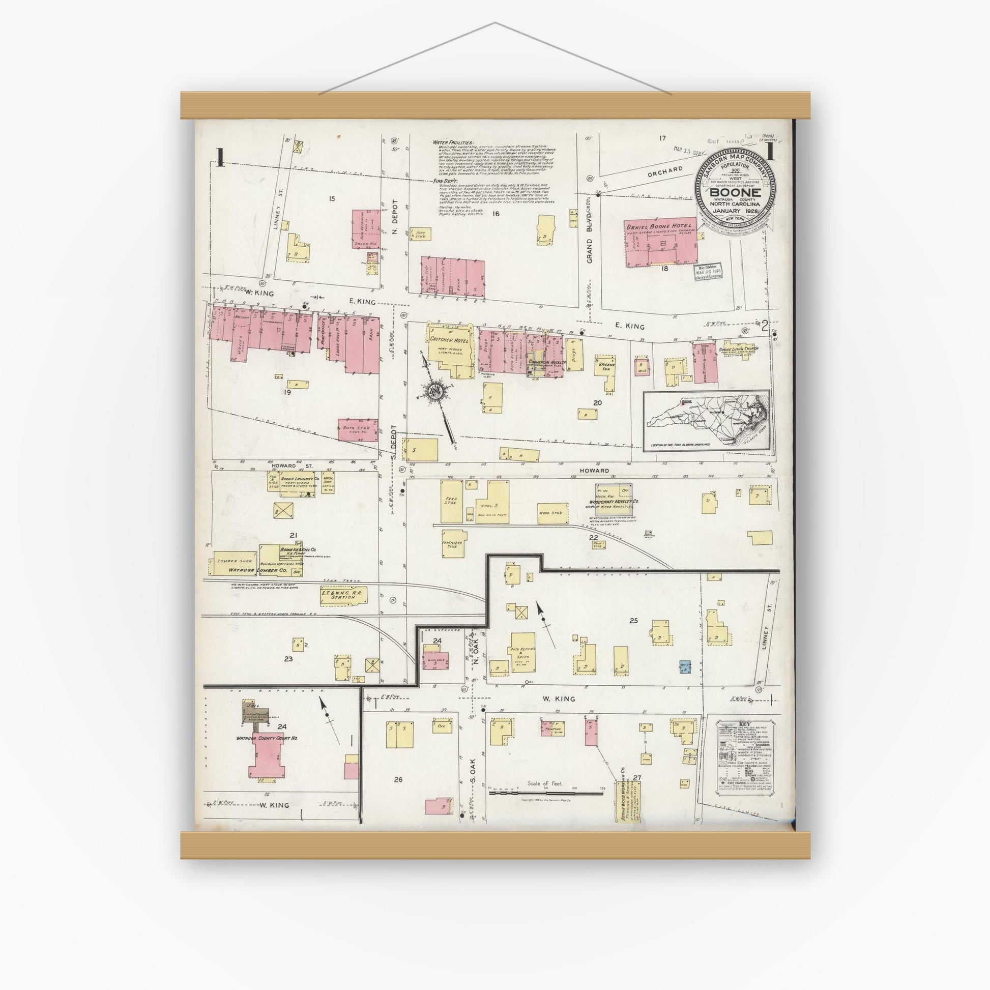 Old map wall art mockup — magnetic wood frame on white wall — Sanborn Fire Insurance Map from Boone, Watauga County, North Carolina (1928) - Complete Map Set