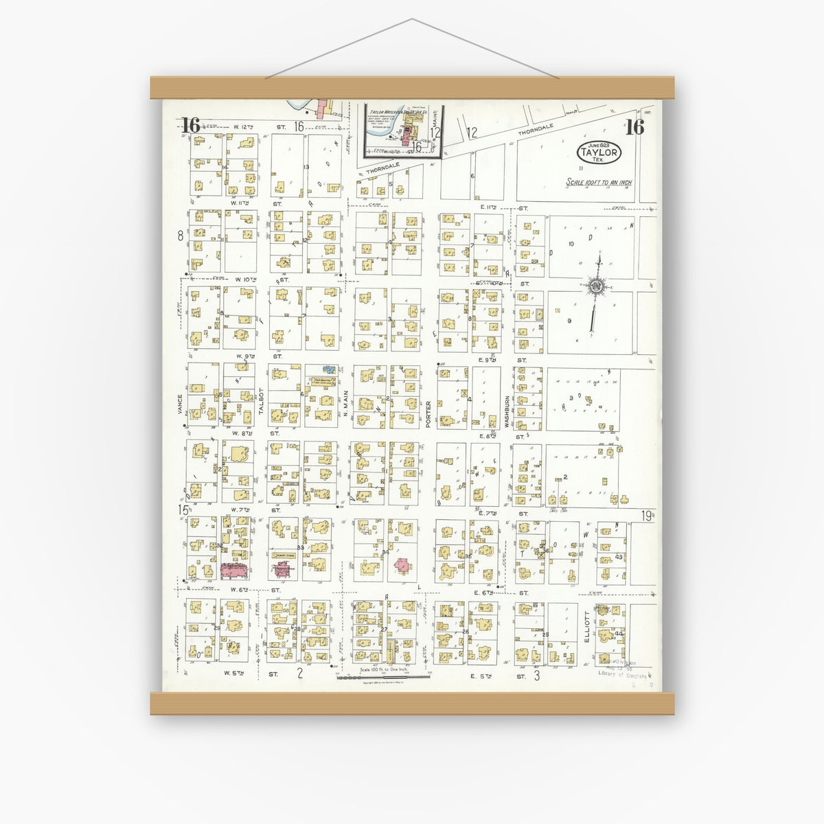 Old map wall art mockup — magnetic wood frame on white wall — Sanborn Fire Insurance Map from Taylor, Williamson County, Texas (1923), Sheet #0016