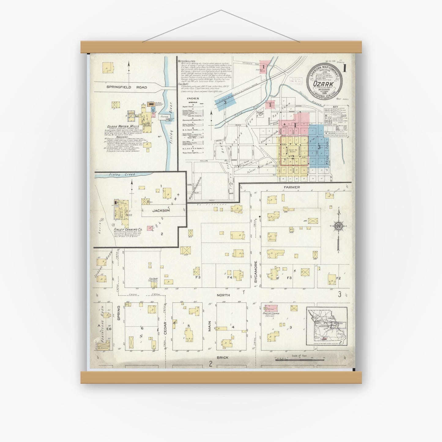 Old map wall art mockup — magnetic wood frame on white wall — Sanborn Fire Insurance Map from Ozark, Christian County, Missouri (1914) - Complete Map Set