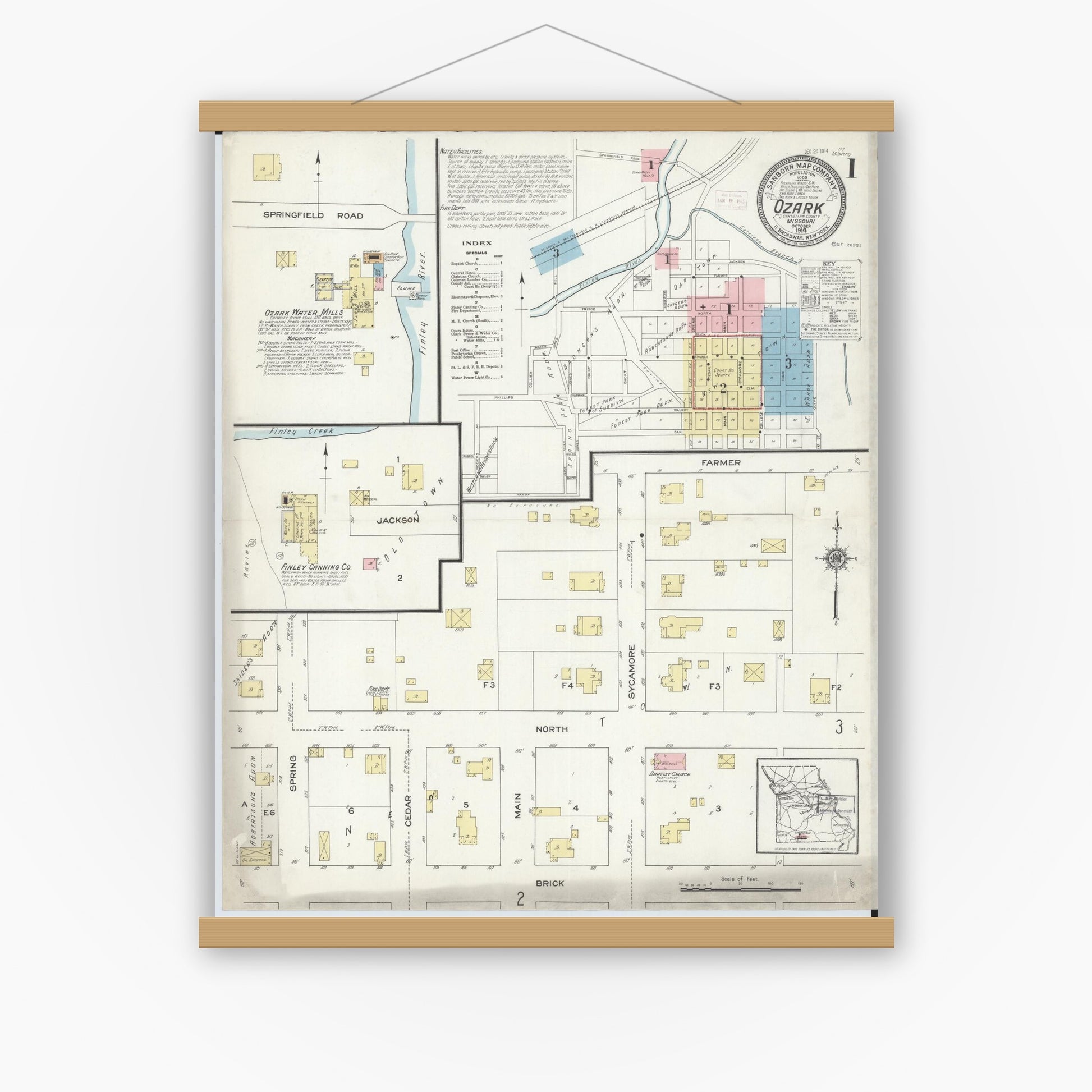 Old map wall art mockup — magnetic wood frame on white wall — Sanborn Fire Insurance Map from Ozark, Christian County, Missouri (1914) - Complete Map Set