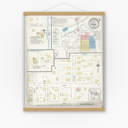 Old map wall art mockup — magnetic wood frame on white wall — Sanborn Fire Insurance Map from Ozark, Christian County, Missouri (1914) - Complete Map Set
