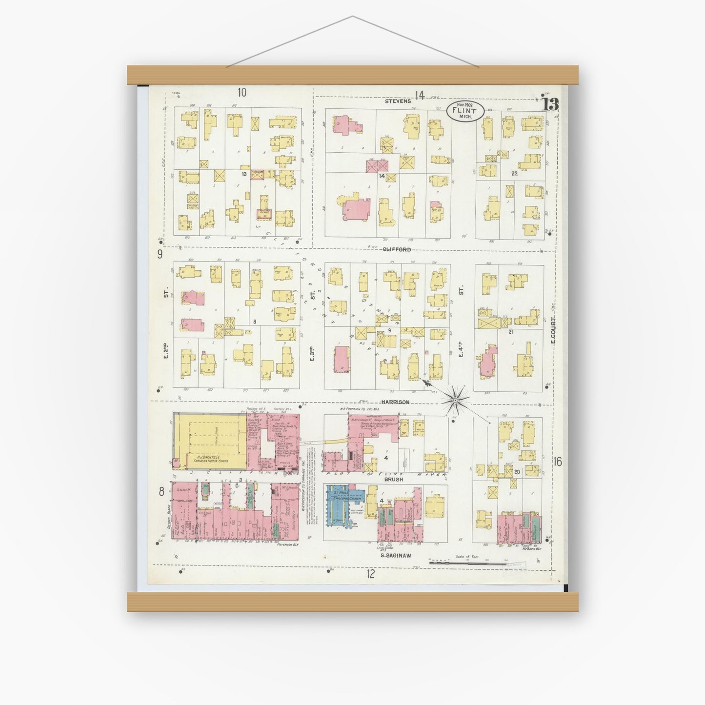 Old map wall art mockup — magnetic wood frame on white wall — Sanborn Fire Insurance Map from Flint, Genesee County, Michigan (1902), Sheet #0013