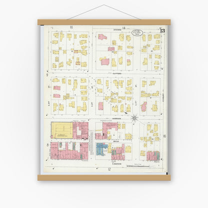 Old map wall art mockup — magnetic wood frame on white wall — Sanborn Fire Insurance Map from Flint, Genesee County, Michigan (1902), Sheet #0013