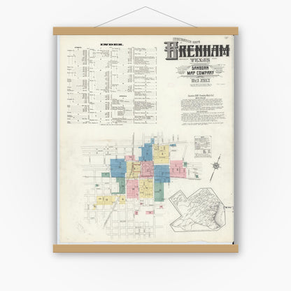 Old map wall art mockup — magnetic wood frame on white wall — Sanborn Fire Insurance Map from Brenham, Washington County, Texas (1912), Sheet #0001