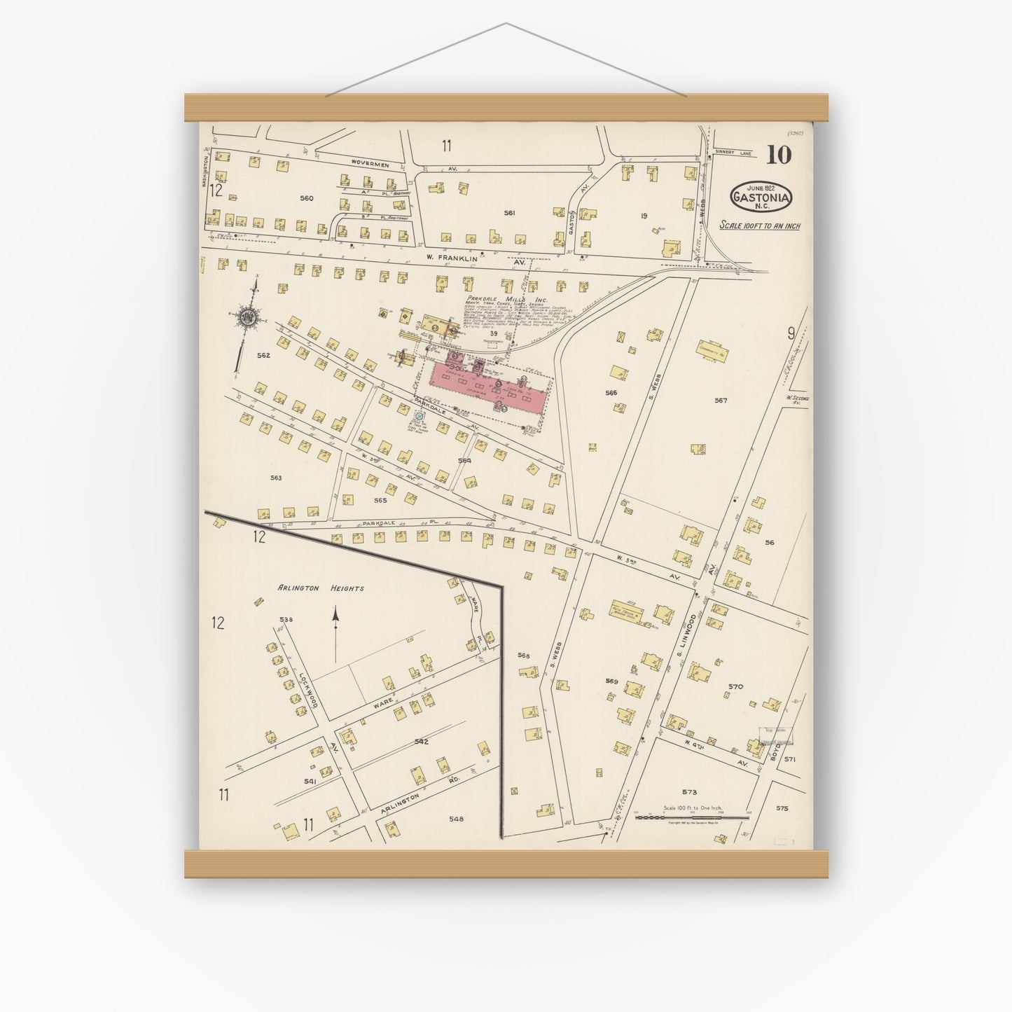 Old map wall art mockup — magnetic wood frame on white wall — Sanborn Fire Insurance Map from Gastonia, Gaston County, North Carolina (1922), Sheet #0010