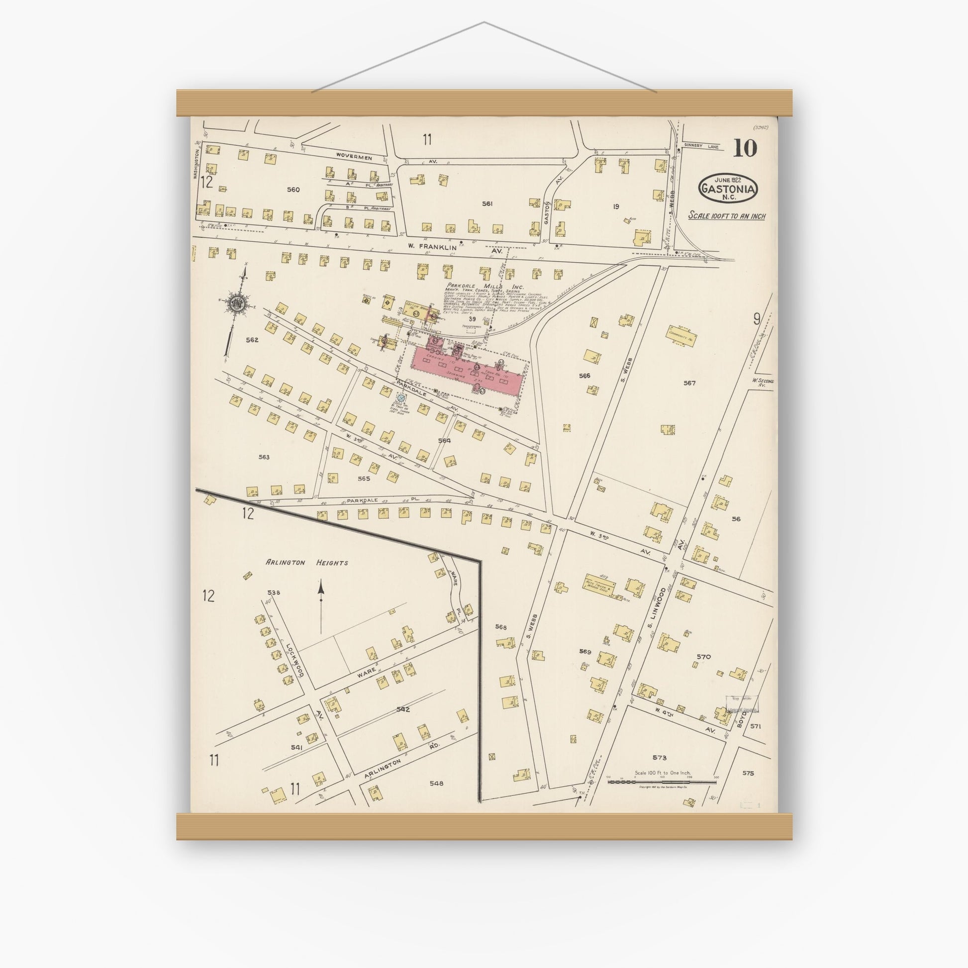 Old map wall art mockup — magnetic wood frame on white wall — Sanborn Fire Insurance Map from Gastonia, Gaston County, North Carolina (1922), Sheet #0010