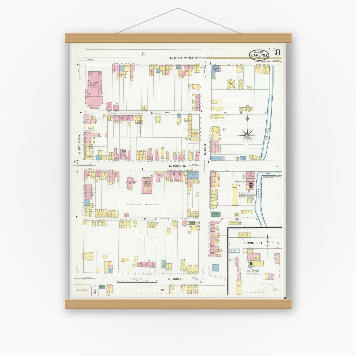 Old map wall art mockup — magnetic wood frame on white wall — Sanborn Fire Insurance Map from Carlisle, Cumberland County, Pennsylvania (1909), Sheet #0008