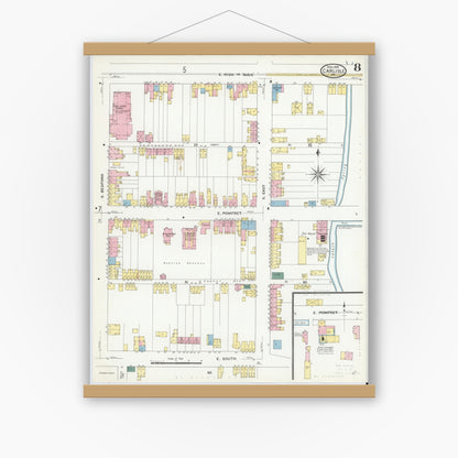 Old map wall art mockup — magnetic wood frame on white wall — Sanborn Fire Insurance Map from Carlisle, Cumberland County, Pennsylvania (1909), Sheet #0008