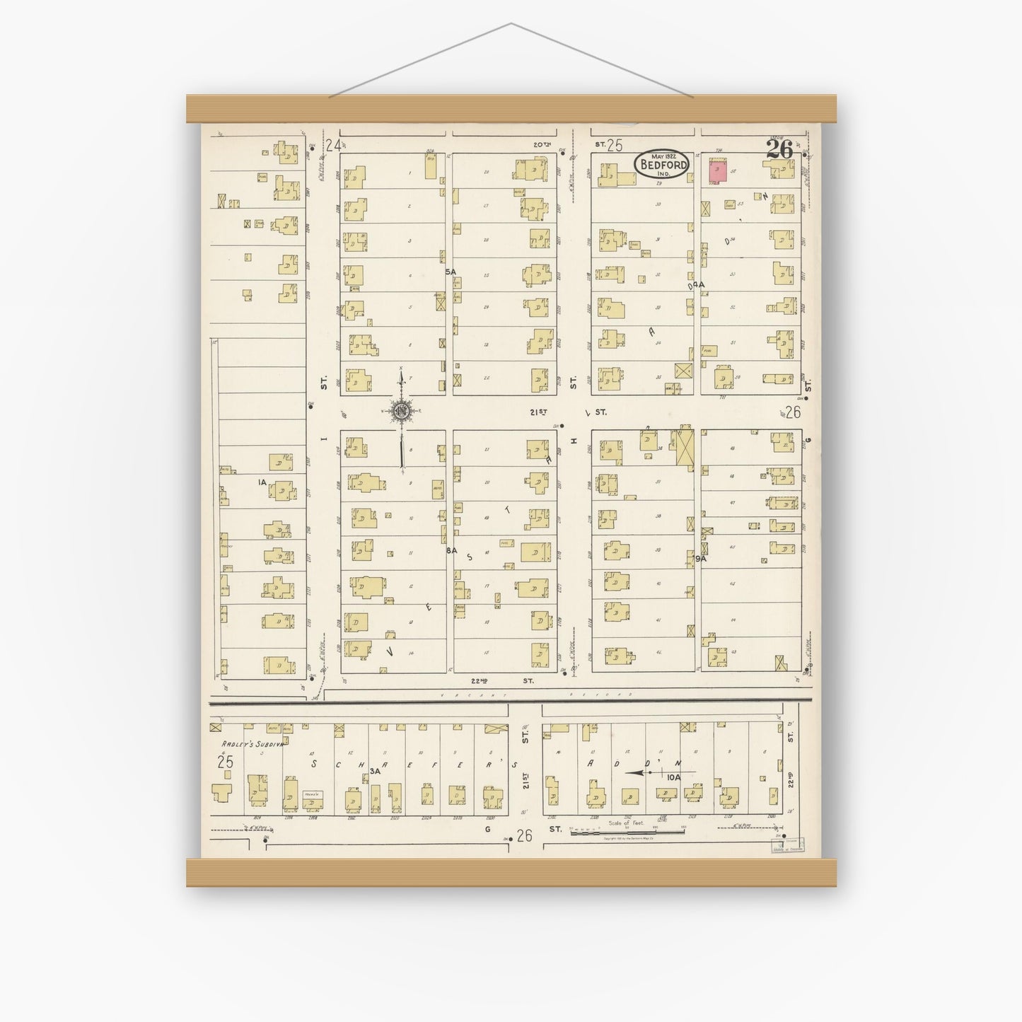 Old map wall art mockup — magnetic wood frame on white wall — Sanborn Fire Insurance Map from Bedford, Lawrence County, Indiana (1922), Sheet #0026