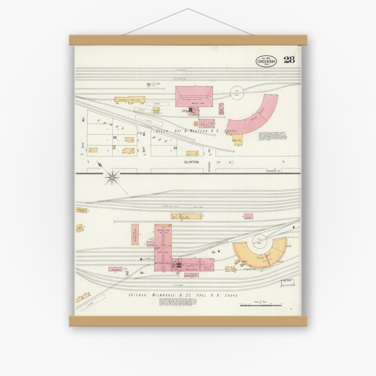 Old map wall art mockup — magnetic wood frame on white wall — Sanborn Fire Insurance Map from Green Bay, Brown County, Wisconsin (1900), Sheet #0028