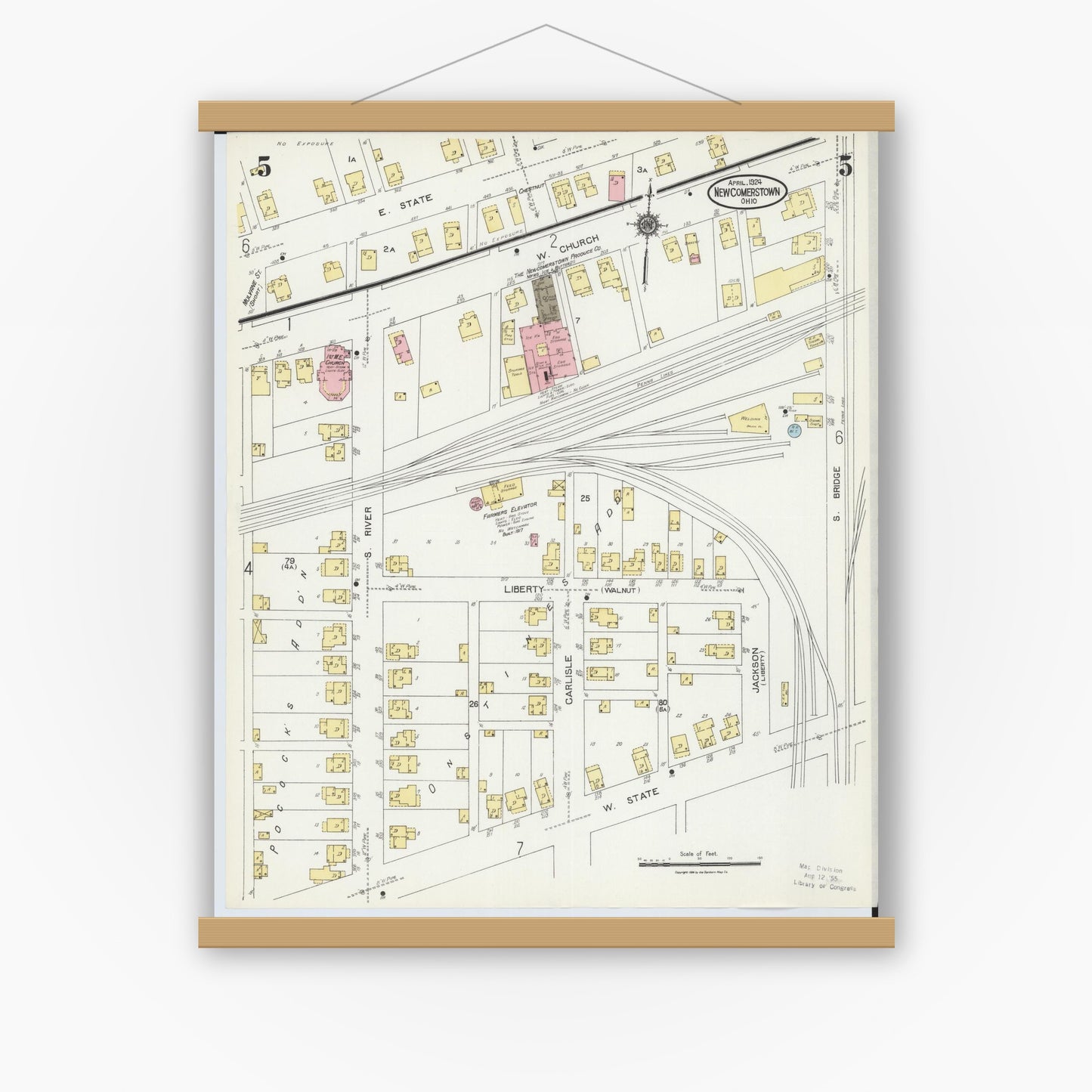 Old map wall art mockup — magnetic wood frame on white wall — Sanborn Fire Insurance Map from Newcomerstown, Tuscarawas County, Ohio (1924), Sheet #0005
