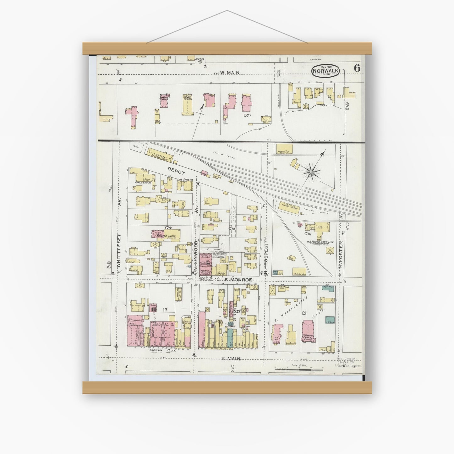 Old map wall art mockup — magnetic wood frame on white wall — Sanborn Fire Insurance Map from Norwalk, Huron County, Ohio (1893), Sheet #0006