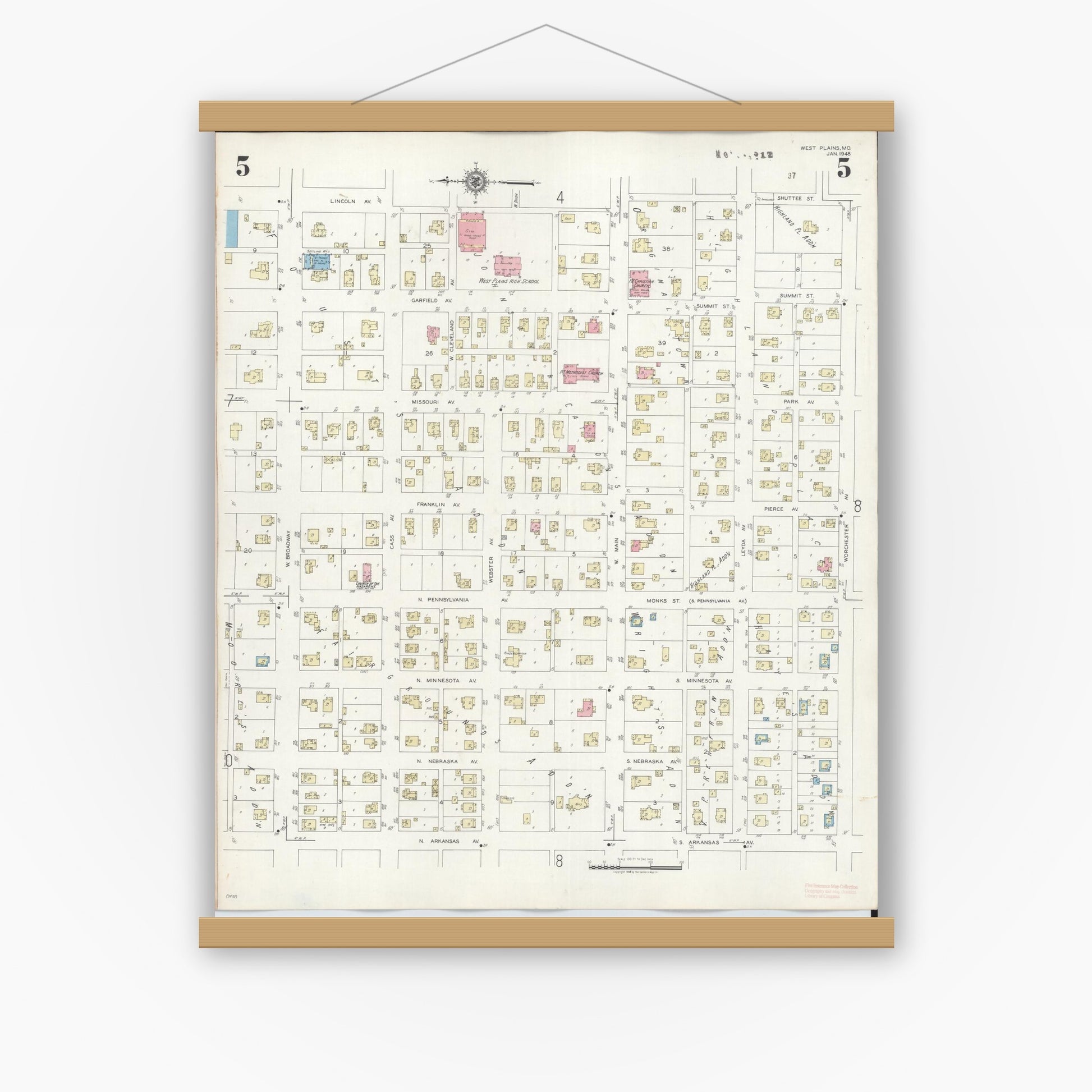 Old map wall art mockup — magnetic wood frame on white wall — Sanborn Fire Insurance Map from West Plains, Howell County, Missouri (1948), Sheet #0005