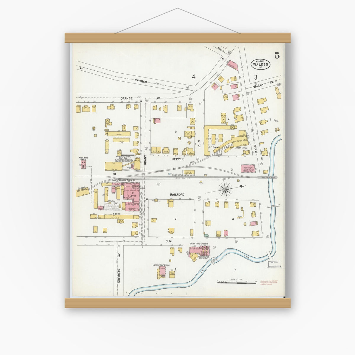 Old map wall art mockup — magnetic wood frame on white wall — Sanborn Fire Insurance Map from Walden, Orange County, New York (1900), Sheet #0005
